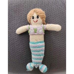 Pebble Crocheted Mermaid Girl w Aqua Purple & White‎ Striped Tail Baby Rattle